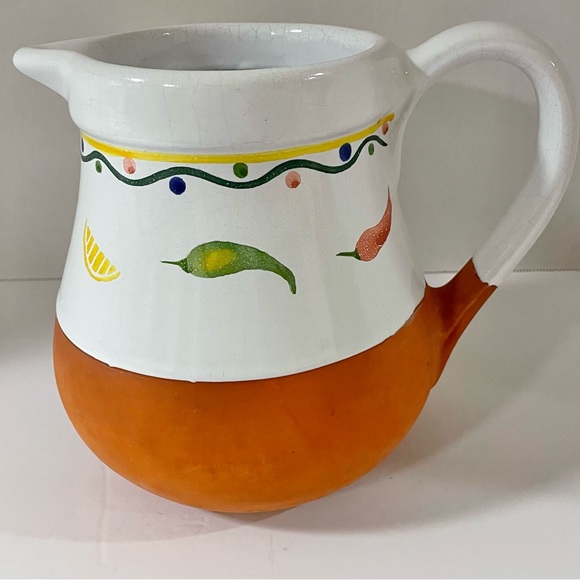 Terra Cotta & Glazed Ceramic Pitcher Vegetable Motif 7.5” Tall Mexican Style - Picture 2 of 7